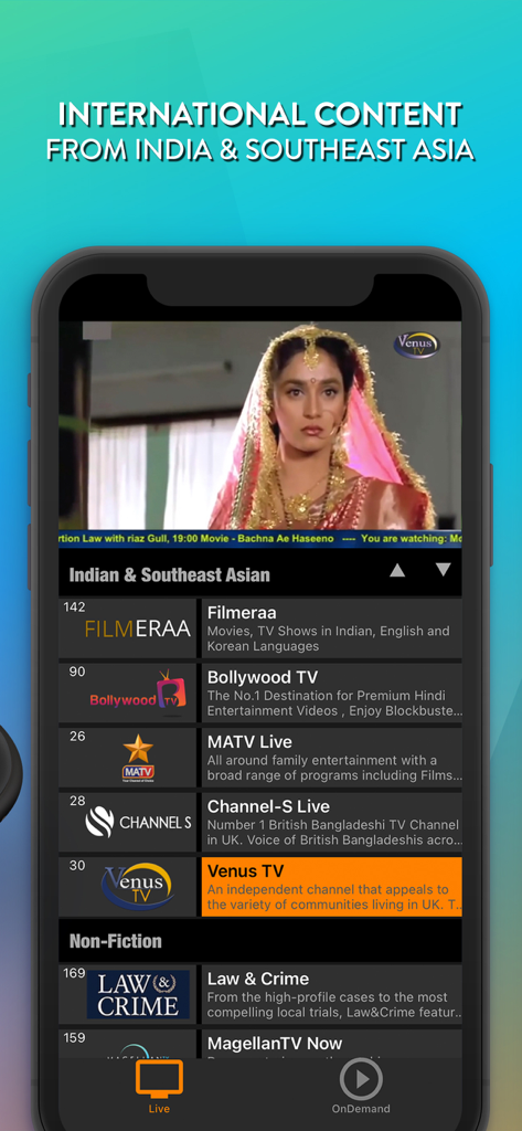 DistroTV - Live TV & Movies - Interfaz de la aplicación DistroTV que muestra canales de televisión en vivo internacionales de India y el Sudeste Asiático