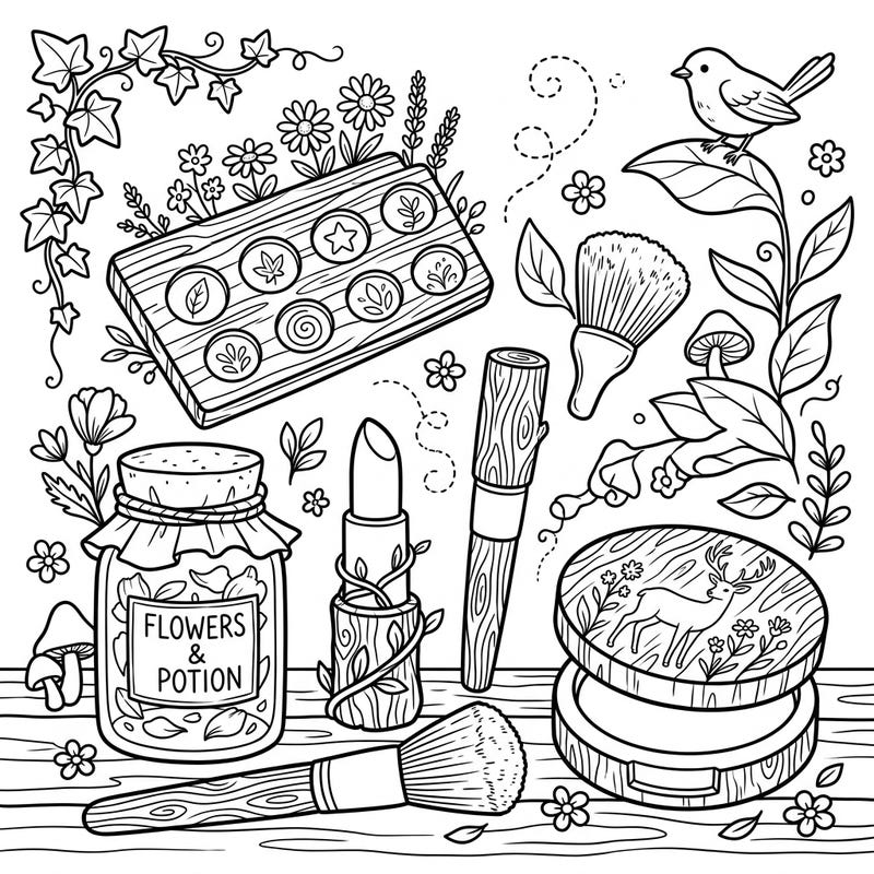Unleash creativity with this charming Cottagecore Makeup coloring page designed for kids. Discover whimsical cosmetic items intertwined with nature, ready for a splash of color.