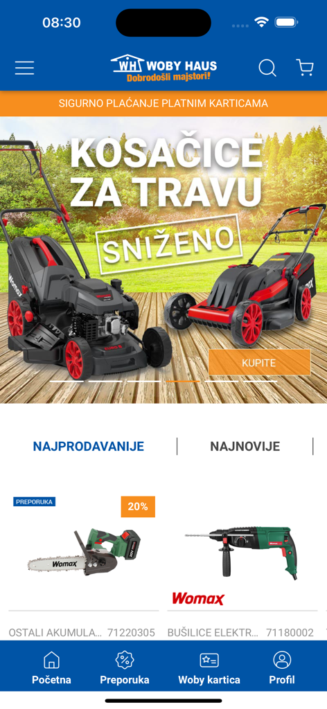 Woby Haus - Woby Haus mobile app interface showing a lawn mower sale banner and professional power tools like chainsaws and drills