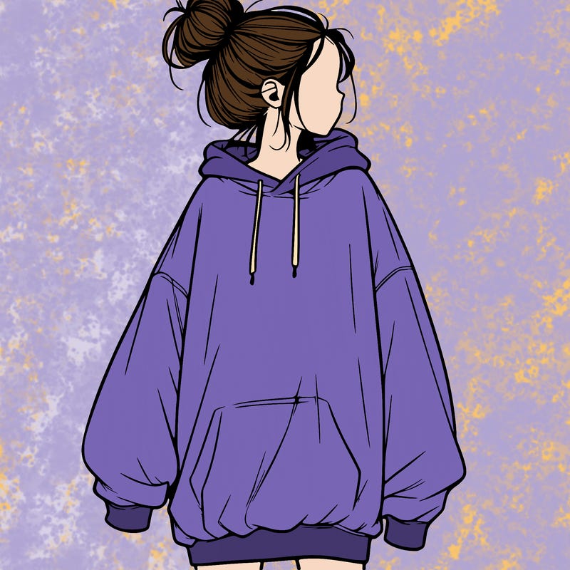 realistic girl with a oversized sweatshirt on and a bun