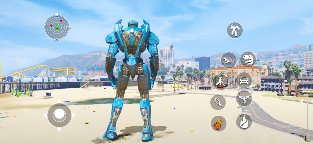 Real Robot Car Transform Game - Um robô azul gigante em pé em uma praia ensolarada em uma cena de jogabilidade de cidade de mundo aberto