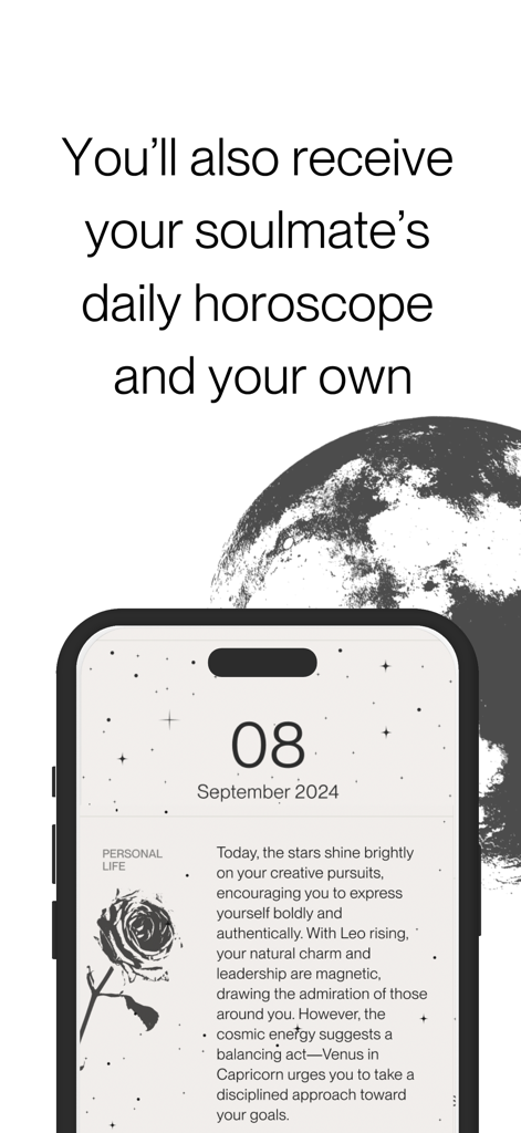 A smartphone displaying a personalized daily horoscope on the Starcrossed app with a celestial-themed interface including a moon and a rose illustration.