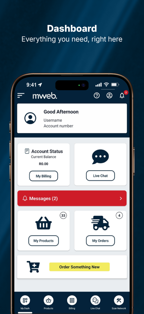 Mweb mobile app dashboard showing account status, live chat, and billing options