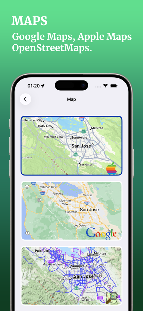 MyTracks: GPS Recorder - MyTracks app interface showing map choices for Google Maps, Apple Maps, and OpenStreetMaps.