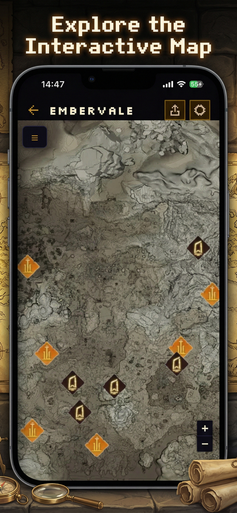 Companion for Enshrouded - Una interfaz móvil que muestra un mapa interactivo de Embervale con marcadores de ubicación para el juego Enshrouded.