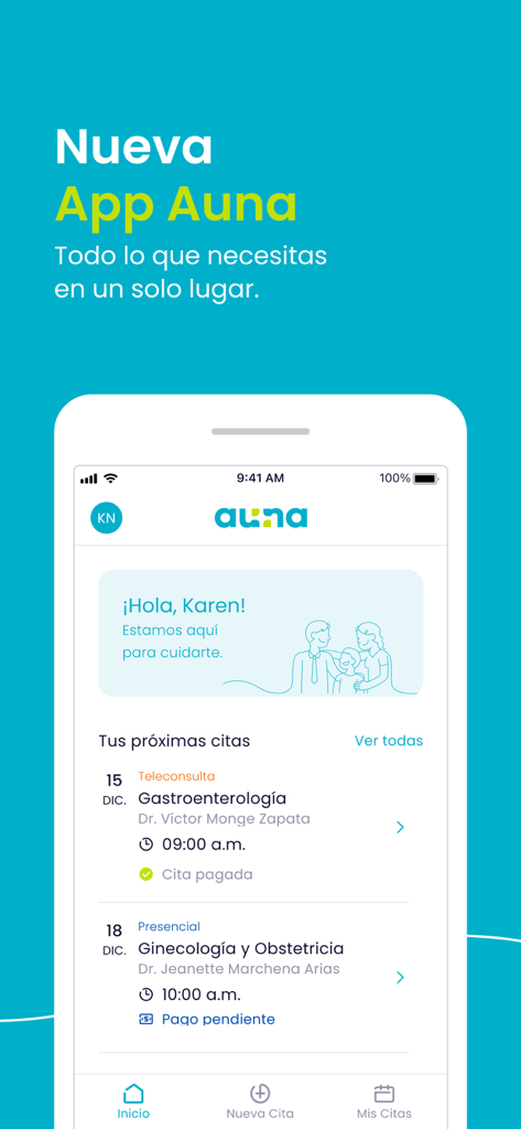 Auna - Auna mobile app home screen showing upcoming medical appointments for gastroenterology and gynecology.