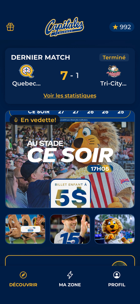 Capitales de Québec - Mobile app interface of Capitales de Quebec showing baseball scores and stadium ticket promotions
