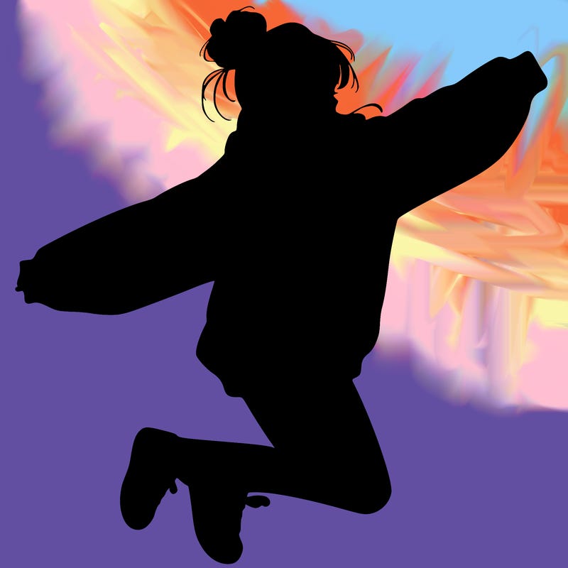 realistic girl jumping with a bun and oversized sweatshirt