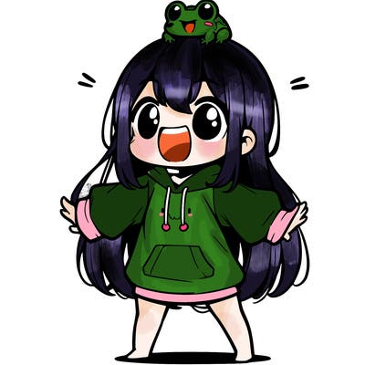 a excited chibi girl whith long hair and a baggy shirt whith a frog on there head