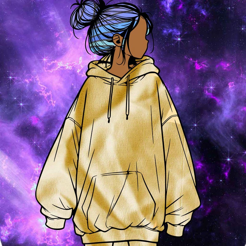 realistic girl with a oversized sweatshirt on and a bun