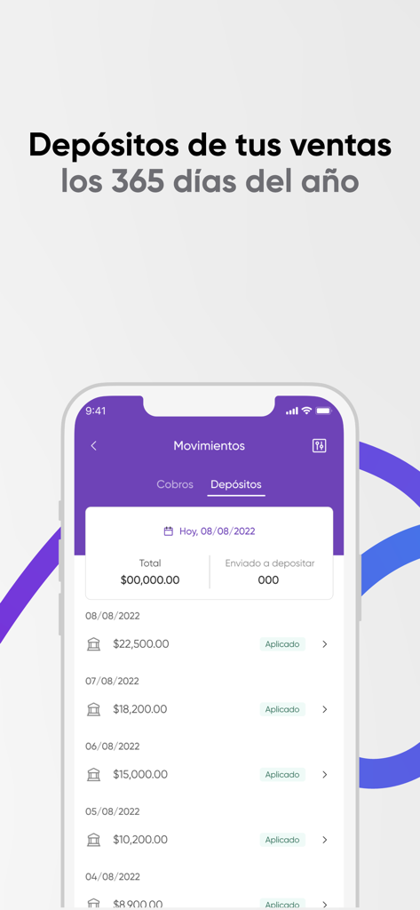 Konfio mobile app screen displaying a list of daily business sales deposits