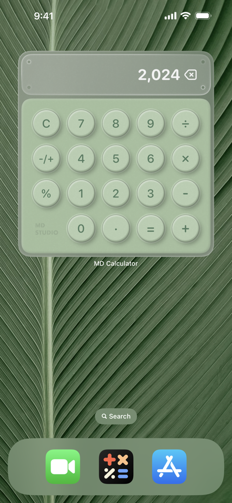 MD Calculator - Sage green skeuomorphic MD Calculator interactive widget on iPhone home screen