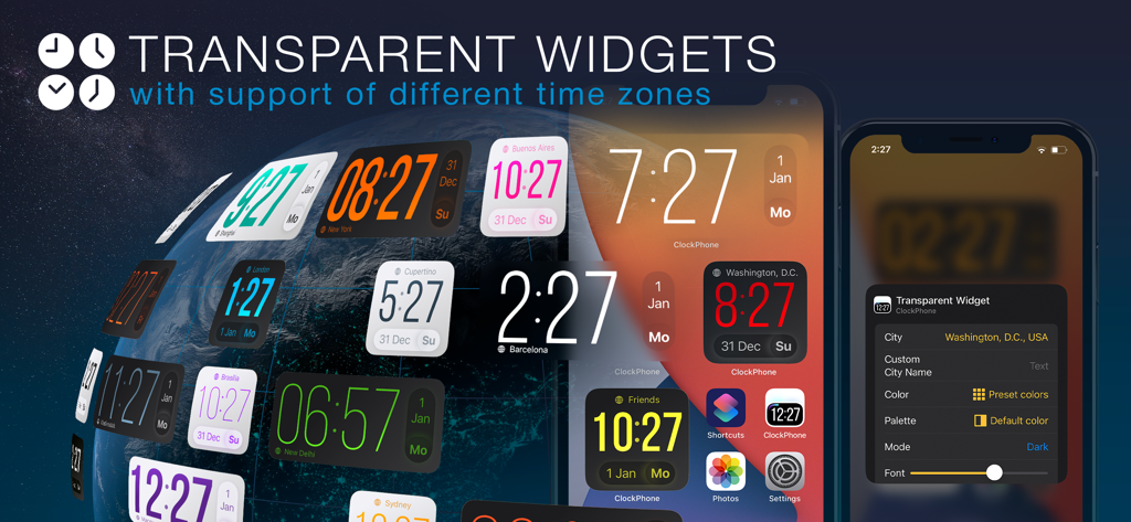 ClockPhone big digital clocks - A variety of customizable transparent clock widgets showing different world time zones on an iPhone home screen.