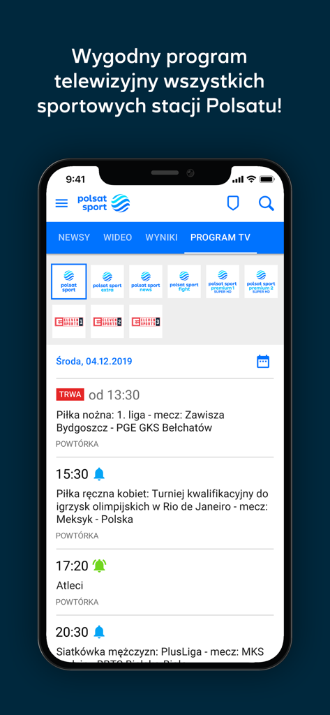 Polsat Sport app TV program schedule showing channel listings and upcoming sports match times