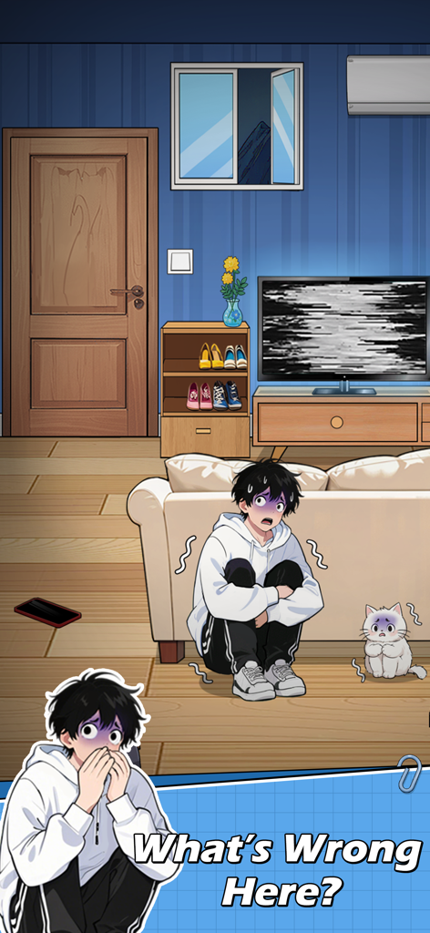 Ein Spiellevel aus Brain Puzzle 2 Logic Twist, das einen verängstigten Jungen und eine Katze in einem Wohnzimmer zeigt, mit der Frage 'Was ist hier falsch?'