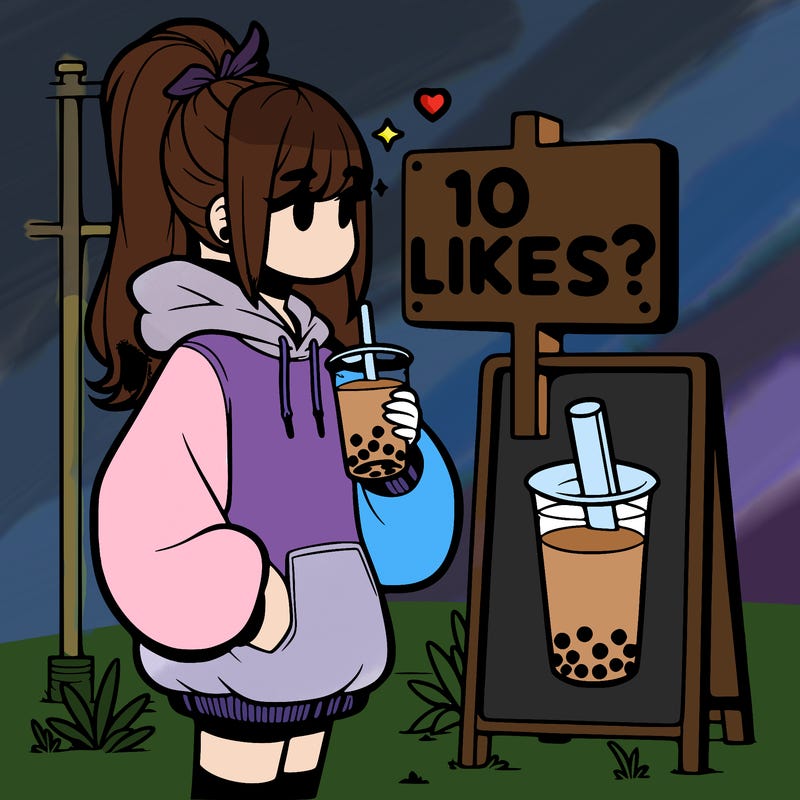 girl with oversized hoodie drinking boba and she has a high ponytail with a sign that says 10likes?