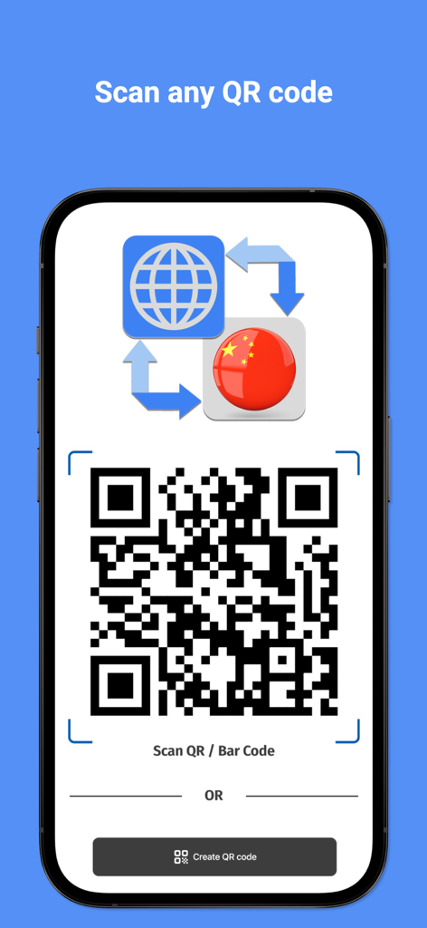 Chinese Translator Pro : ChiGo - ChiGoアプリのインターフェースにQRコードとバーコードスキャン機能が表示されています
