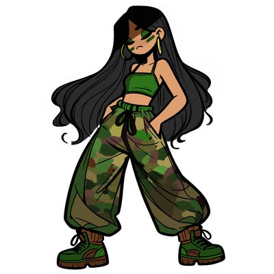 girl in baggy pants crop top and long hair