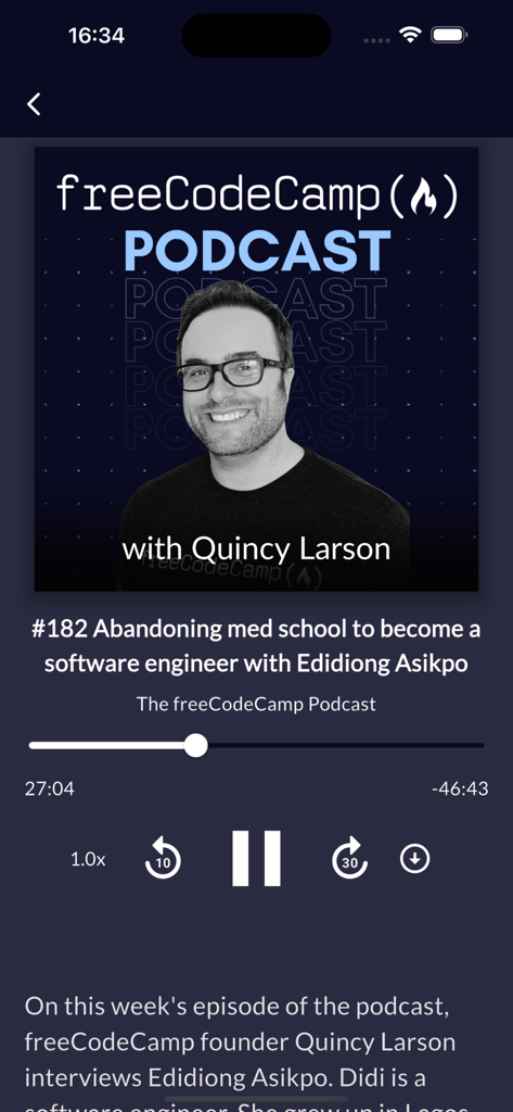 freeCodeCamp - freeCodeCamp app podcast interface showing an episode with Quincy Larson about becoming a software engineer