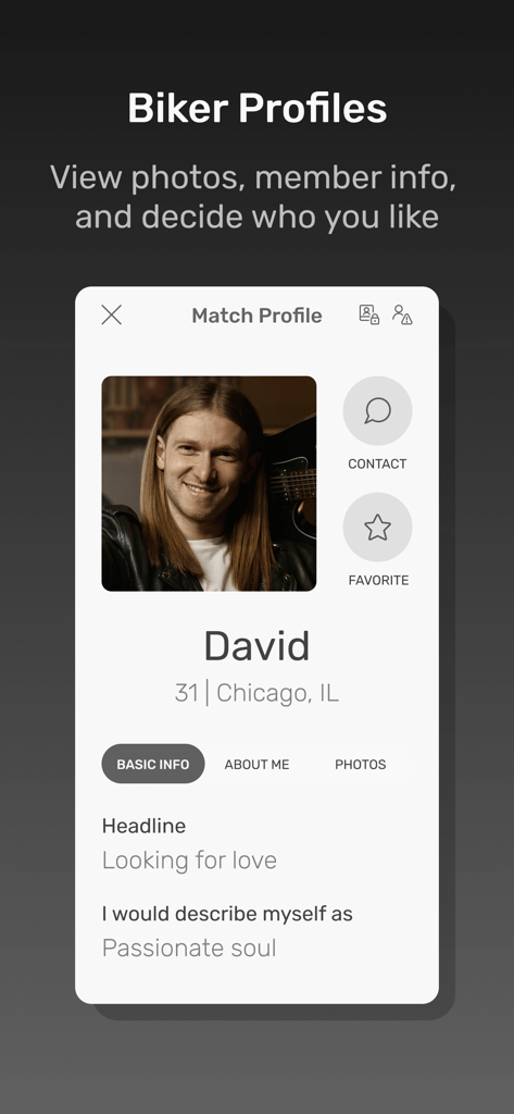 Meet Metal Heads - User profile of a metalhead man with long hair and a guitar on the Meet Metal Heads dating app.