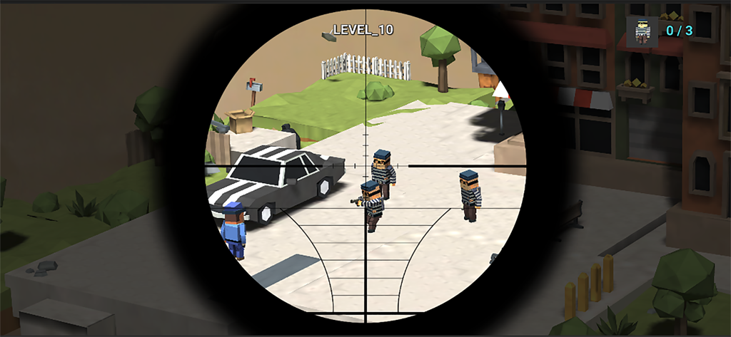 3D Sniper Shooter Sniper Games - Vista de mira de francotirador apuntando a personajes low poly en un nivel de calle urbana