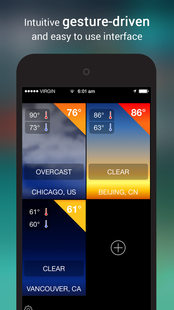 iWeather Forecast - iWeather Forecast app screen showing weather conditions for Chicago, Beijing, and Vancouver with a gesture-driven layout