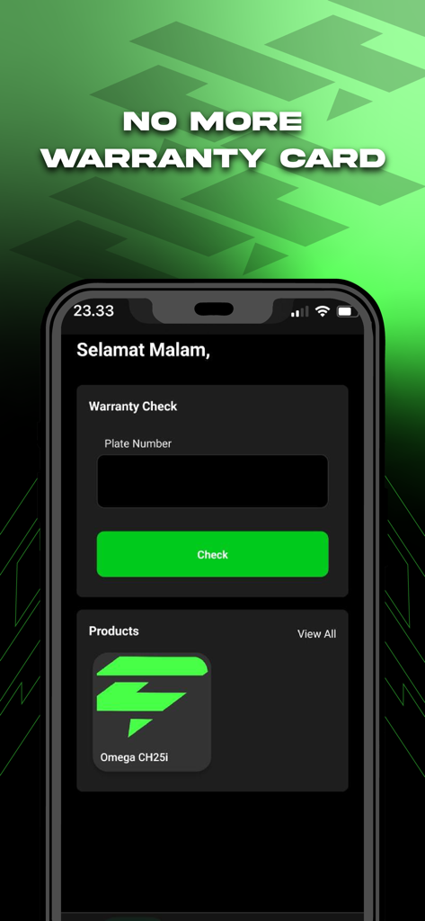 CLAN Automotive - Pantalla de verificación de garantía digital de la aplicación CLAN Automotive que muestra la entrada del número de matrícula
