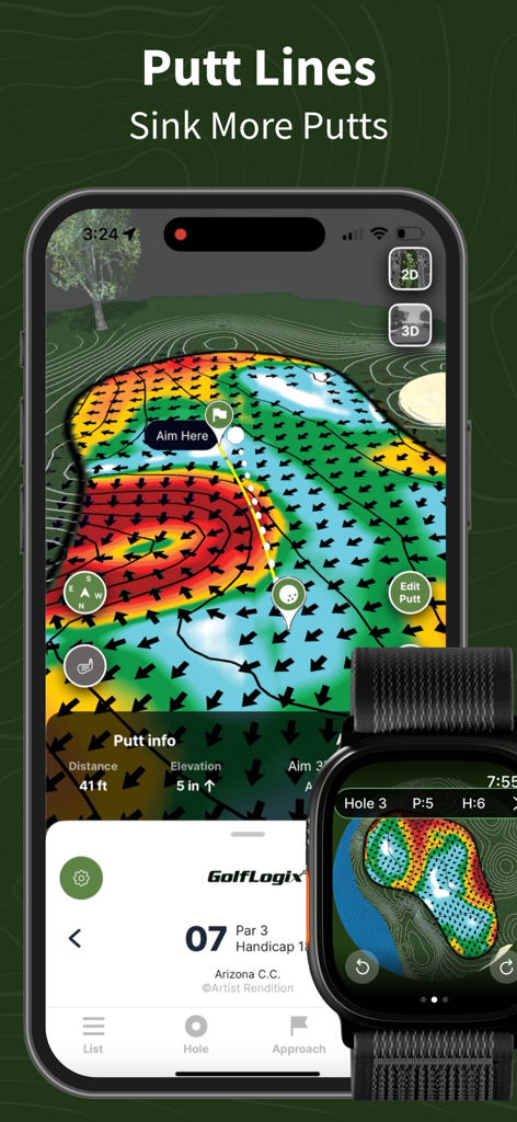 GolfLogix: 3D Golf Course GPS - GolfLogix mobile and watch app showing 3D green heat maps and putt lines