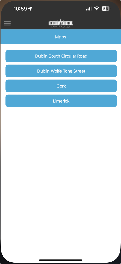 Griffith College - Griffith College mobile app screen showing campus map options for Dublin, Cork, and Limerick locations