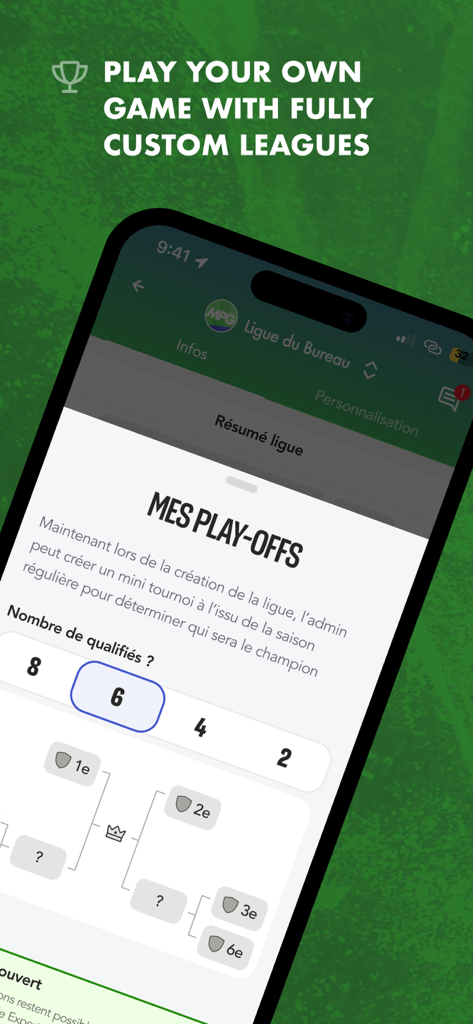MPG Football app interface showing custom playoff league settings and tournament bracket