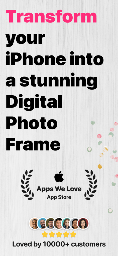 App Storeの「私たちが愛するアプリ」バッジとユーザーレビューを表示するデジタルフォトフレームアプリのプロモーションバナー