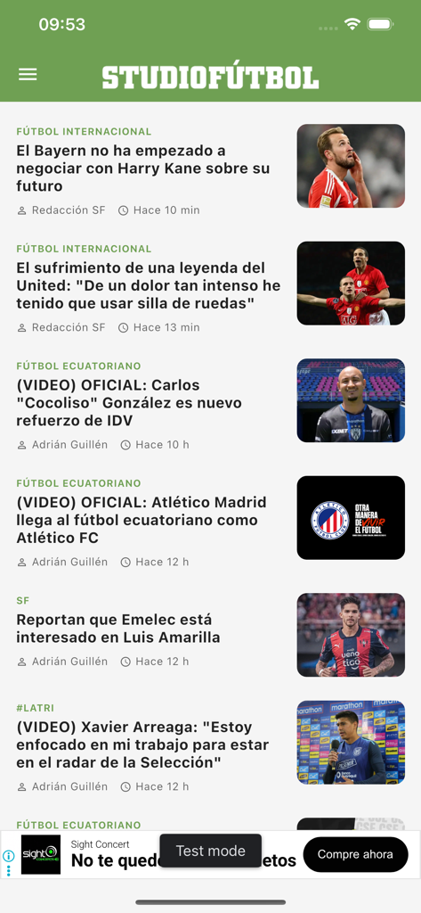 StudioFutbol - Application mobile StudioFutbol montrant une liste de titres d'actualités de football, y compris des mises à jour sur le football international et équatorien.
