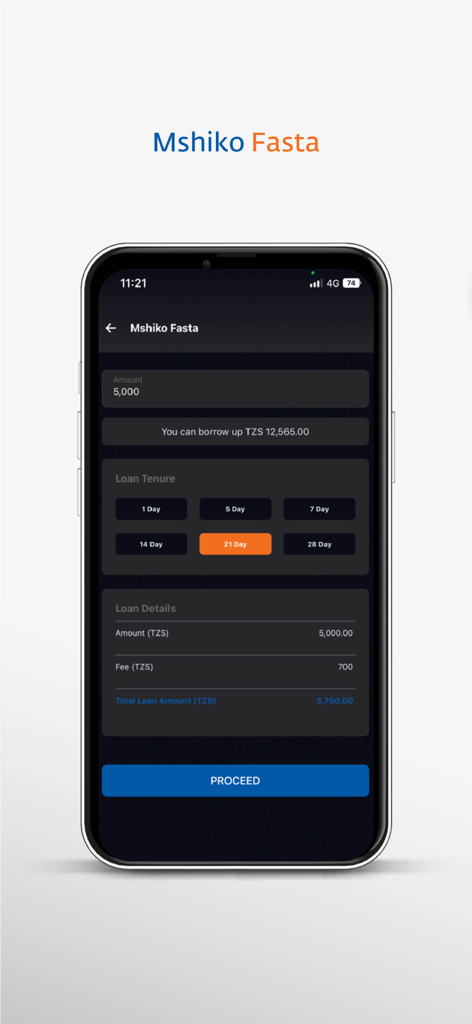 Interface de l'application NMB Mkononi montrant le processus de demande de prêt rapide Mshiko Fasta