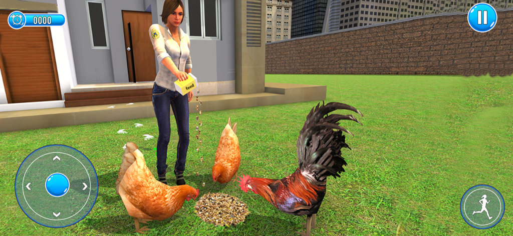 Happy Family Life: Mother Sim - Una madre virtual alimentando pollos en el patio trasero durante una sesión de juego de Happy Family Life.