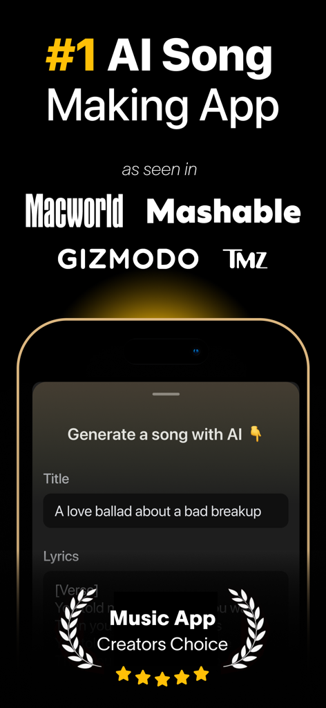 Supermusic AI楽曲作成アプリのインターフェース。テキストプロンプトからラブバラードを生成している様子を表示。