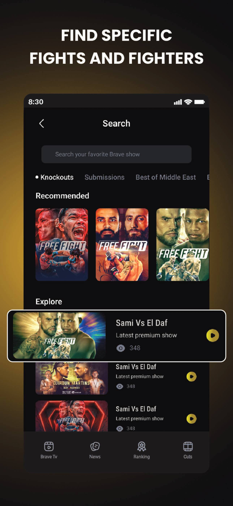 Interfaz de búsqueda de la aplicación BRAVE TV para encontrar peleas y luchadores de MMA.
