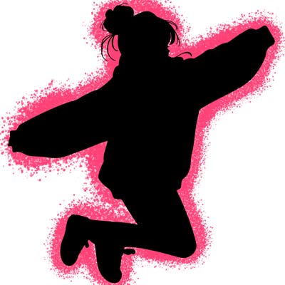 realistic girl jumping with a bun and oversized sweatshirt