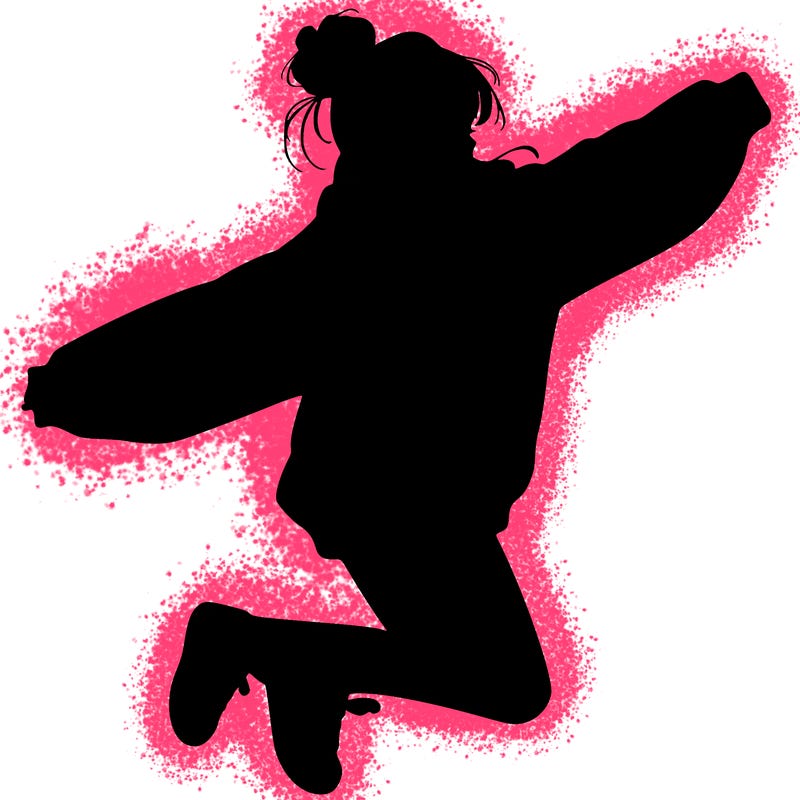 realistic girl jumping with a bun and oversized sweatshirt