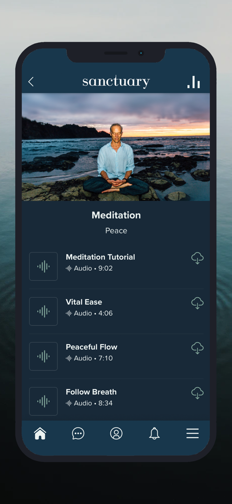 Sanctuary 앱 명상 인터페이스는 Rod Stryker와 함께하는 평화 카테고리의 오디오 세션을 보여줍니다.