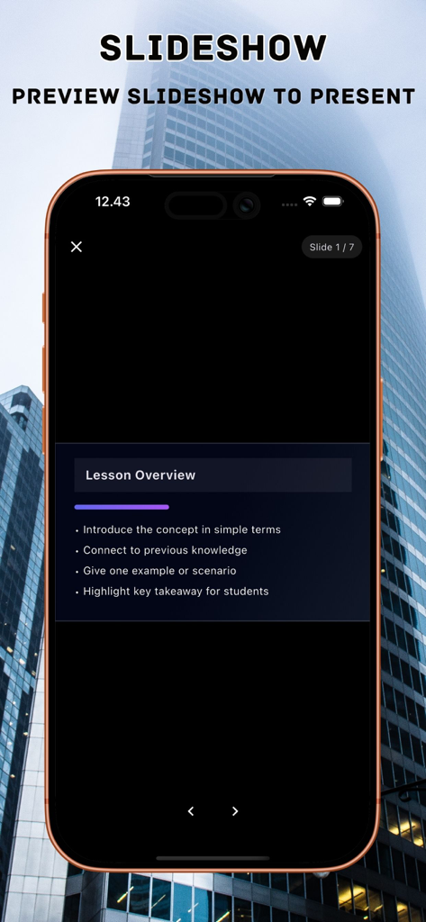 AI Presentation Maker 앱의 슬라이드쇼 미리보기 모드에서 수업 개요 슬라이드를 표시하는 스마트폰 화면