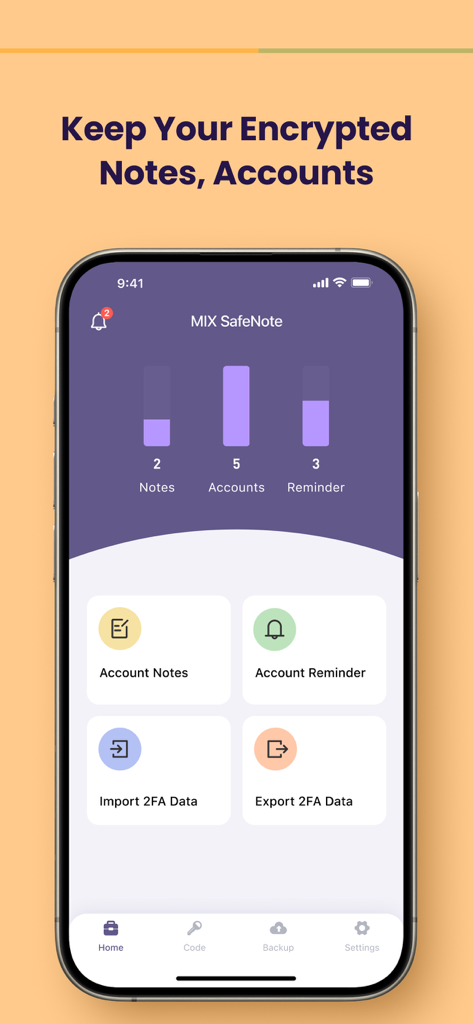 MIX SafeNote Keeper - The home screen of the MIX SafeNote Keeper app displaying the dashboard for encrypted notes accounts and 2FA data management