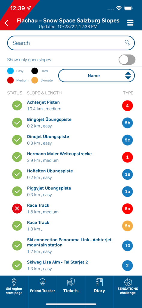 Interface da app Ski amade listando pistas de esqui com estado e níveis de dificuldade