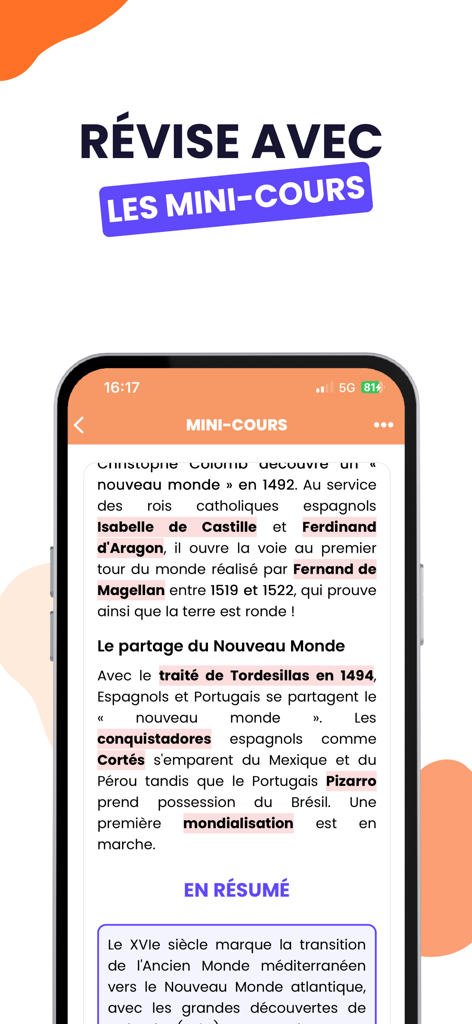Brevet Bac Licence 2025 Nomad - Un écran d'application mobile affichant un mini-cours d'histoire sur la découverte du Nouveau Monde avec des termes clés mis en surbrillance et une section de résumé.