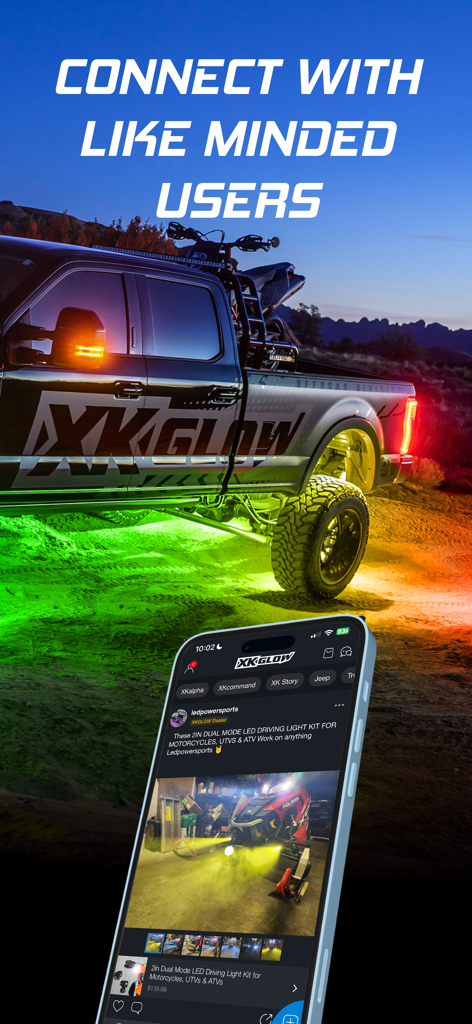 XKmax - Smartphone showing the XKmax app social feed and a customized truck with vibrant LED underglow lighting