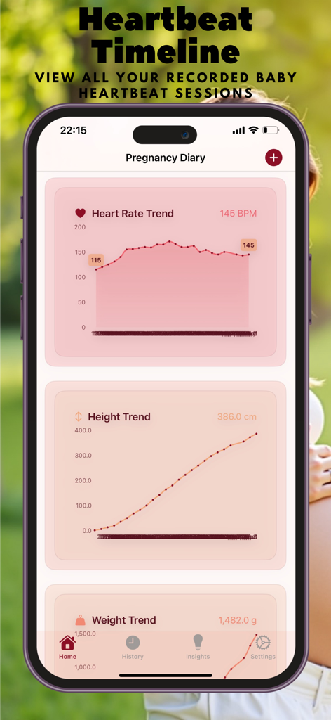 My Baby - Pregnancy Diary - Una pantalla de smartphone que muestra gráficos de tendencias de latidos, altura y peso en la aplicación de diario de embarazo Mi Bebé.