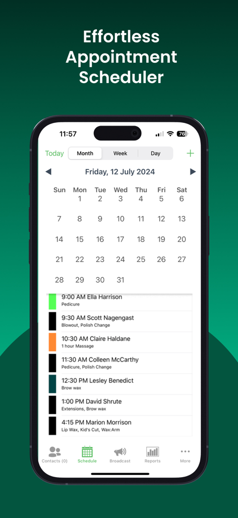 Salon Booking Appointments - Interfaccia dell'app Appuntamenti Salone che mostra un calendario mensile e un elenco di appuntamenti giornalieri dei clienti su un iPhone