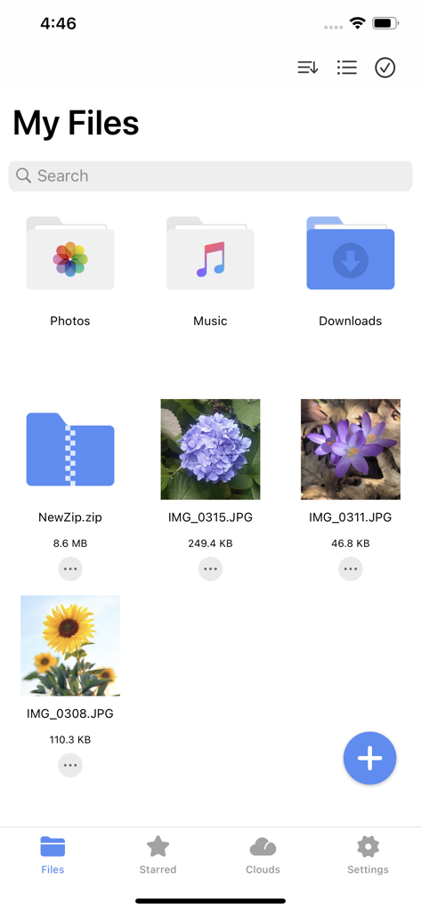 Captura de pantalla de la aplicación WinZip que muestra la interfaz Mis Archivos con carpetas e imágenes organizadas