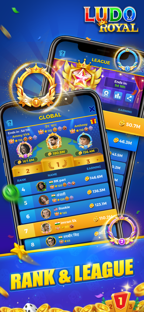 Ludo Royal global rank and league leaderboard interface showing top players on a podium