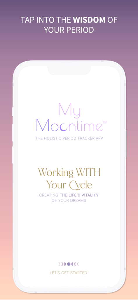 Pantalla de bienvenida de la aplicación My Moontime, rastreador holístico del período, con un fondo degradado suave de color púrpura