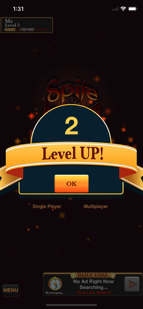 Spite & Malice - Classic Game - Notifica di avanzamento di livello nel gioco di carte Spite and Malice che mostra il raggiungimento del livello 2